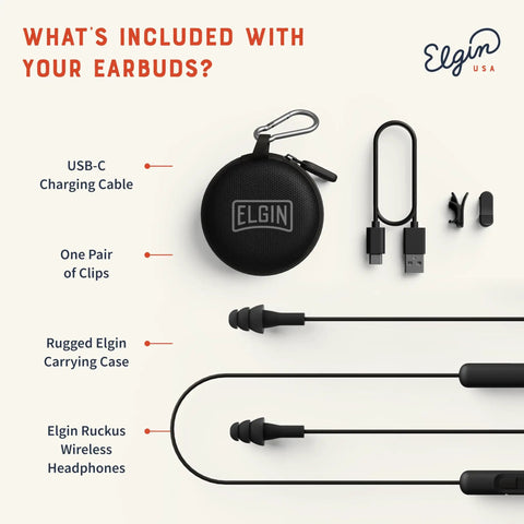 Ruckus Wireless Bluetooth Earbuds With 25 dB Noise Reduction And Noise Cancelling Mic 12 Hour Battery IP65 Sweatproof OSHA Compliant Hearing Protection For Work Safety In Loud Environments kit contents, including USB-C cable, clips, case, and headphones.