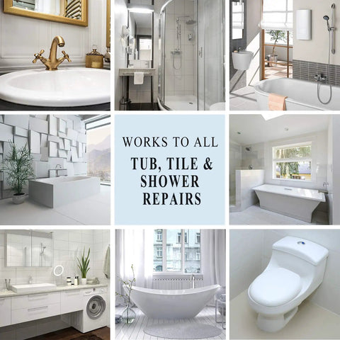 White 5oz Bathtub Repair Kit For Cracks Holes Scratches In Bathtubs Ceramic Tiles Sinks Porcelain Fiberglass And Countertops Restore Look And Save Money With Easy DIY Repairs; various bathroom fixtures.
