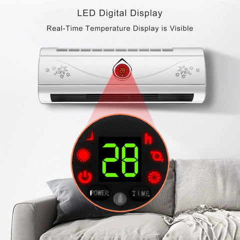 Wall Mounted PTC Ceramic Space Heater With Remote Control Timer digital display shows 28°C for indoor heating comfort.