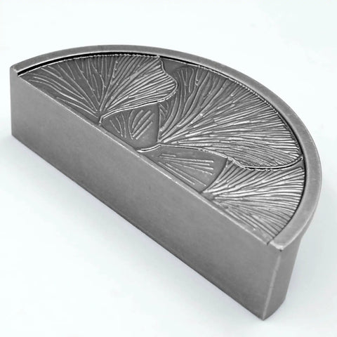Ginkgo Leaf Cabinet Pulls With Antique Gray Finish 3 Inch Hole Spacing Rustic Kitchen Drawer Handles shown from side angle.
