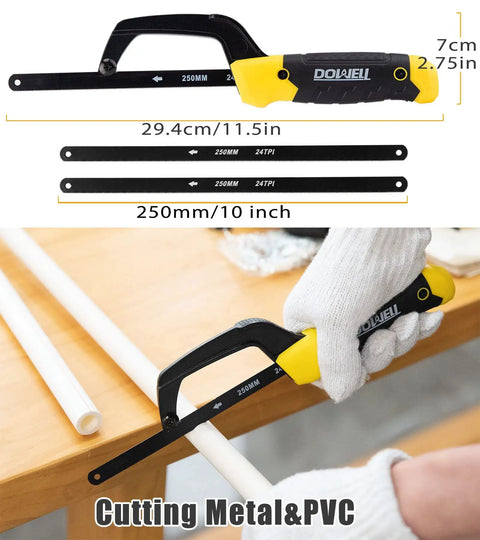 Heavy Duty Hacksaw Frame Set With Three Size Frames 12 Inch 10 Inch And 6 Inch Mini Includes 8 Extra Blades The Beast For Metal Wood And PVC Pipes Multi Function Hand Saw With High Tension Carbon Steel Blades Ready To Tackle Tough Cuts showing 10-inch frame cutting PVC pipe