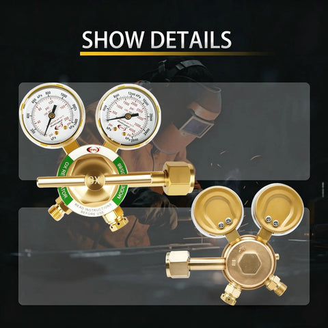 Medium Duty Oxygen Regulator With CGA540 Inlet Forged Brass UL Listed Dual 2 Inch Gauges For Welding And Cutting Setups Easy Readout And Reliable Performance, front view