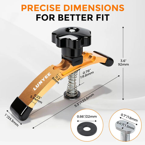 Extended 5-3/8 Inch T Slot Hold Down Clamps 4 Pack for CNC router, close-up view showing dimensions and knob detail.