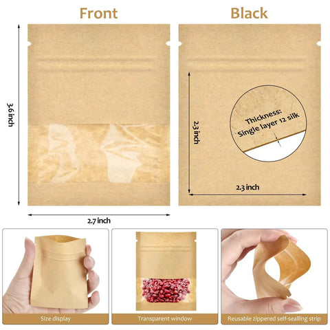 100 Pack Resealable Mini Kraft Bags With Window For Samples shown with dimensions, transparent window, and zip lock feature