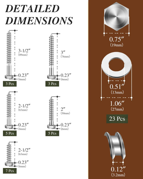 Detailed dimensions of 46 Pack Three Eighths Inch Hex Head Lag Bolts And Flat Washers Set with sizes and quantities shown.