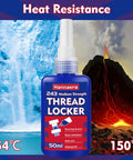 Blue medium strength thread locker bottle with ice and lava background showcasing heat resistance and durability.