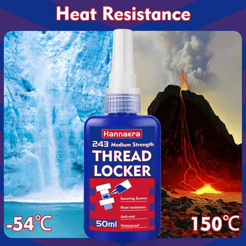 Blue medium strength thread locker bottle with ice and lava background showcasing heat resistance and durability.