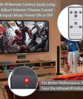 Living room setup with High Fidelity 192kHz Digital to Analog Audio Converter, remote, TV and speakers, focus on remote details.