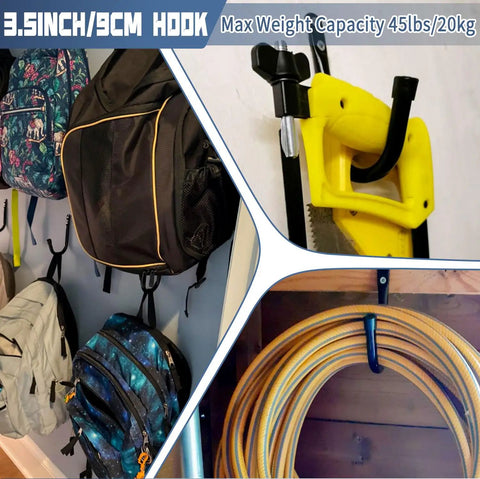 Two Pack Overhead Garage Storage Rack With Six J Hooks, Heavy Duty Ceiling Storage System, holds backpacks, saw, and hose