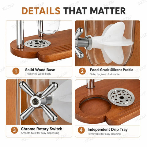Triple Cereal Dispenser Countertop Stand With Independent Twist Knobs features solid wood base, chrome rotary switch and removable drip tray.