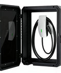 Lock Down Your EV Charger Setup With This Built Like A Tank Outdoor Enclosure To Block Tampering And Weather Damage For Level Two Charging Stations In Driveways Or Garages Featuring Heavy Duty Metal Guard, showing opened enclosure with EV charger.