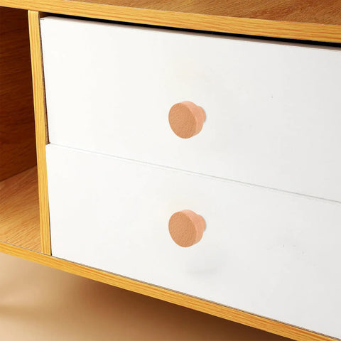 White drawers with Round Beech Wood Cabinet Handles 4 Pack Circular Drawer Pulls 35mm Single Hole Mount Farmhouse Style.