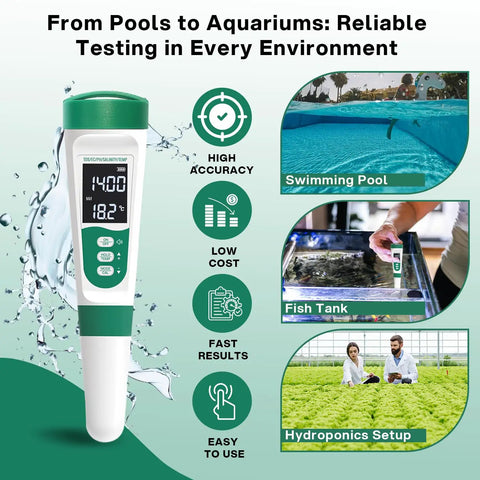 5 In 1 Digital PH Meter With Voice Function For Easy Water Quality Testing Including PH TDS EC Salinity And Temperature Waterproof Rechargeable Pen Built For Pools Aquariums Hydroponics And More showing use in pools, fish tanks, and hydroponics setup. Displays high accuracy, low cost, fast results, easy use features.