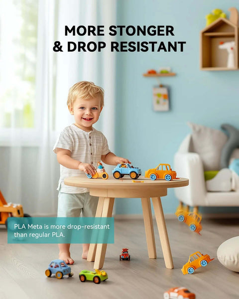 Child playing with toy cars on table, showcasing High Speed Meta PLA 1.75mm Filament 1KG for FDM 3D Printers, Olive Green.