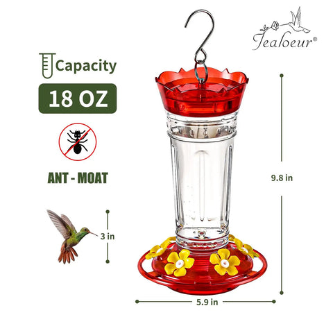 Outdoor Hummingbird Feeder 18 Oz With 6 Bee Guard Ports, Built-In Ant Moat, 360 Degree View, Durable Unbreakable Design