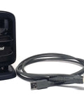 Handsfree 2D Barcode Scanner Kit With Shielded USB Cable For Retail And Inventory Reads 1D And 2D Barcodes From Paper Mobile Coupons Loyalty Cards And More DS9208 Imager For Point Of Sale, black scanner with USB cable