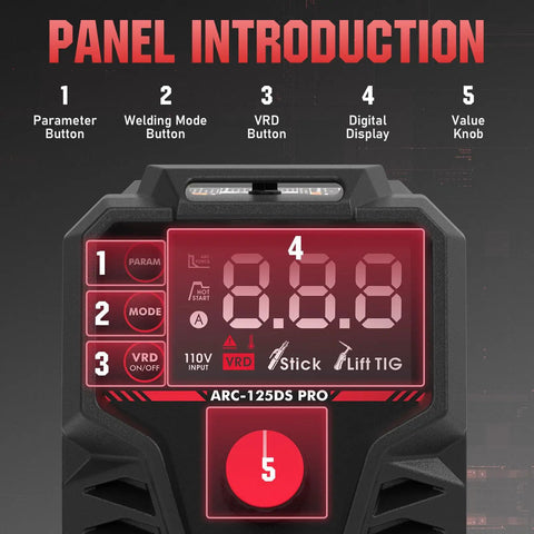 125 Amp Mini Stick Welder With Large LED Display showing control panel and buttons for easy operation.