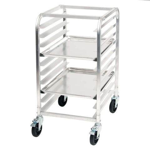 Ten Tier Aluminum Sheet Pan Rack With Brake For Commercial Kitchens And Bakeries, 400 lb Capacity, Swivel Casters, Side View