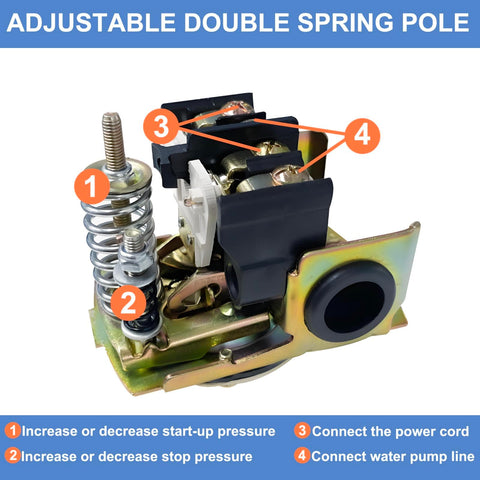 Close-up of Well Water Pump Pressure Switch 40 60 PSI With Adjustable Differential, showing spring and connection points for installation.