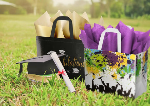 Two Pack Graduation Gift Bags With Tissue Paper, Cards And Reusable Nonwoven Totes, White Colorful And Black Gold Design, 12.6 Inch