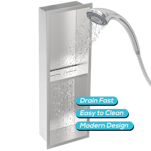 Stainless Steel Shower Niche With Double Shelves And Recessed Install For No Tile Needed Walls 8 Inch By 24 Inch Brushed Nickel Finish