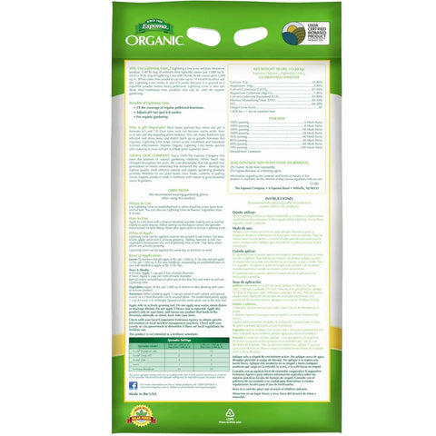 Back view of Lightning Lime Fast Acting Soil pH Lime For Lawns And Gardens 30 Lb Bag with instructions and details visible