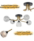 Crystal Sputnik Ceiling Light Fixture in Black and Gold, Modern Industrial Semi Flush Mount Chandelier with Glass Crystals showcasing canopy and lamp shade details.
