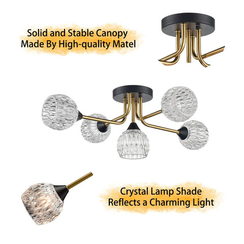 Crystal Sputnik Ceiling Light Fixture in Black and Gold, Modern Industrial Semi Flush Mount Chandelier with Glass Crystals showcasing canopy and lamp shade details.
