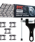 428 Heavy Duty Motorcycle Chain With 122 Links And Chain Breaker for dirt bikes and ATVs, packaging and tool shown