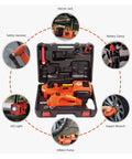 Rock Solid Electric Car Jack Kit Lifting Five Ton Loads With Effortless Twelve Volt Hydraulic Pressure Comes Loaded With An Inflatable Pump And Torque Wrench For Easy Peasy Tire Swaps And Road Warrior Fixes, showcasing kit components in case.