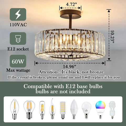 Black Round 4 Light Crystal Chandelier Semi Flush Mount Ceiling Fixture For Dining Room Living Room Farmhouse Style Chic With Dimmable Capability LED Ready Bulbs Not Included Includes Extra Crystals Easy Install shown with dimensions and bulb compatibility.