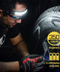Man uses Liteband Activ LED Headlamp with 350 Lumens, 210° beam, lightweight fit, adjusting tire in low light.