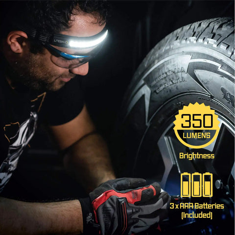 Man uses Liteband Activ LED Headlamp with 350 Lumens, 210° beam, lightweight fit, adjusting tire in low light.