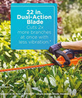 Person using 20V Max Cordless Hedge Trimmer With Power Command Powercut, 22 Inch Dual Action Blade for trimming hedge