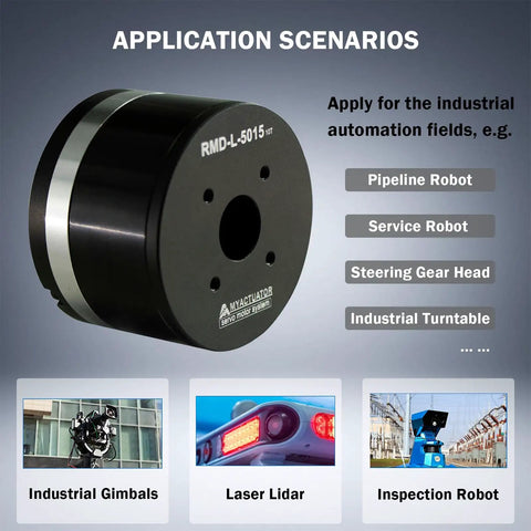 Integrated Direct Drive Micro Brushless Servo Motor RMD L 5015 10T for automation applications like robots and gimbals.