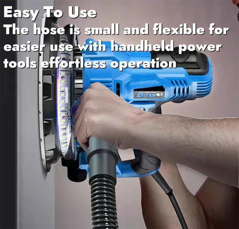 Person using 10 Foot Dust Collection Hose Kit With Five Threaded Adapters For Power Tools And Workshop Vacuums on blue power tool
