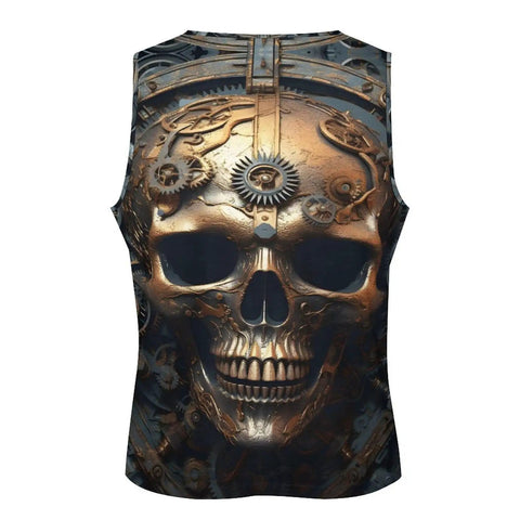 Men Fly Skull Printed Tank Top Fresh 3D Mechanical Metal Graphic Sleeveless Muscle Shirt Relaxed Fit Polyester Cotton Blend Hype Streetwear Gym Tank 4X Large Drip back view showing detailed skull design with mechanical elements.