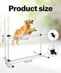 All Weather Dog Agility Jump Set With Adjustable Bars PVC Training Kit for Indoor Outdoor Play, dimensions shown with a jumping dog