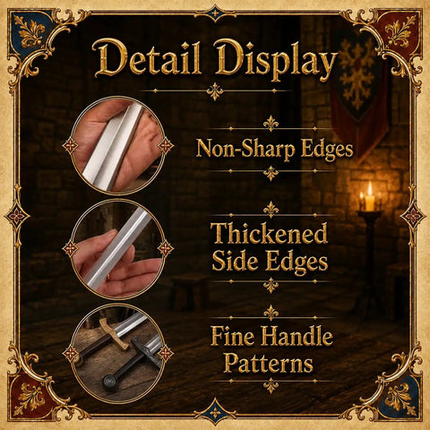 Detail display of Two 28 Inch Foam Safety LARP Swords With Gold And Silver Colored Handles Non Sharp EVA Design For Safe Pretend Play