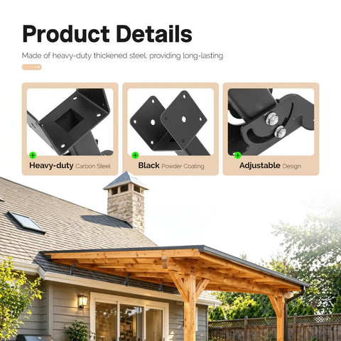 3 Pack Pergola Bracket Roof Riser Brackets With 180 Degree Adjustable Mounts for gazebos and porches, black steel close-up