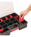 14 Compartment Storage Organizer With Removable Dividers For Customizable Small Parts And Tools Stackable With Side Latches And Interlocking Lid For Secure Transit Keeping Gear Neat Accessible And Grab And Go, showing hand adjusting dividers.