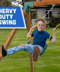 Child enjoying Heavy Duty Strap Swing Seat With Carabiners For Easy Install, Replacement Swing Seat For Outdoor Playsets And Jungle Gyms, Green.