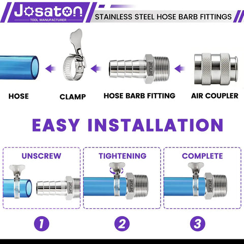 Heavy Duty 304 Stainless Steel Barb To Npt Male Thread Hose Fitting Set With High Pressure 2800 Psi Rating And Durable Corrosion Proof Design For Tough Plumbing Jobs And Fluid Control Systems Today. 3/4in hose with clamp and air coupler