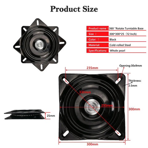 12 Inch Bar Stool Swivel Plate Replacement 360 Degree Turntable Base With Ball Bearing Swivel For Swivel Chairs And Bar Stools Rotating Brackets And More Heavy Duty Rust Resistant Smooth Rotation, black steel size diagram