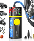 Dual Cylinder Portable Tire Inflator With Digital Gauge 150 PSI 100W 12V DC Car SUV Truck Bike Motorcycle Pump next to tire