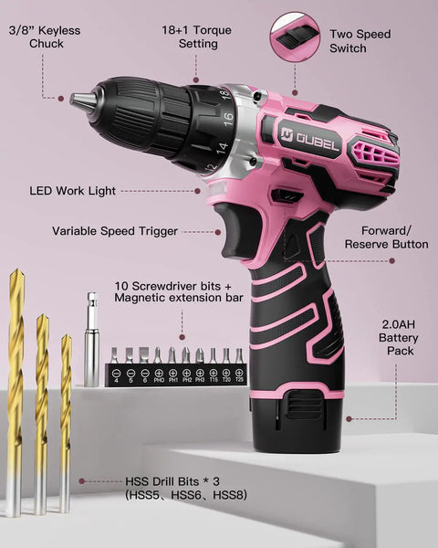 Pink cordless drill set for women with 12 volt power, featuring keyless chuck and included drill bits and battery pack.