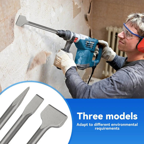 Worker using 3 Piece SDS Max Chisel Set For Rotary Hammer Drills 18 Inch Includes Point Flat And Wide Chisels on wall