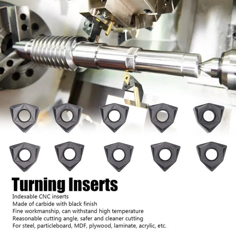 Ten black-coated carbide indexable turning inserts, triangular with central holes, shown with CNC milling machine.
