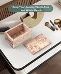 Natural Marble Storage Box With Lid Pink Rectangular Stone Organizer on vanity table with jewelry and makeup items