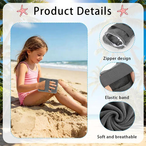 Two Pack Beach Sand Remover Mitts Soft Wipe Off Gloves for Quick Sand Cleanup with a child using the glove on the beach.